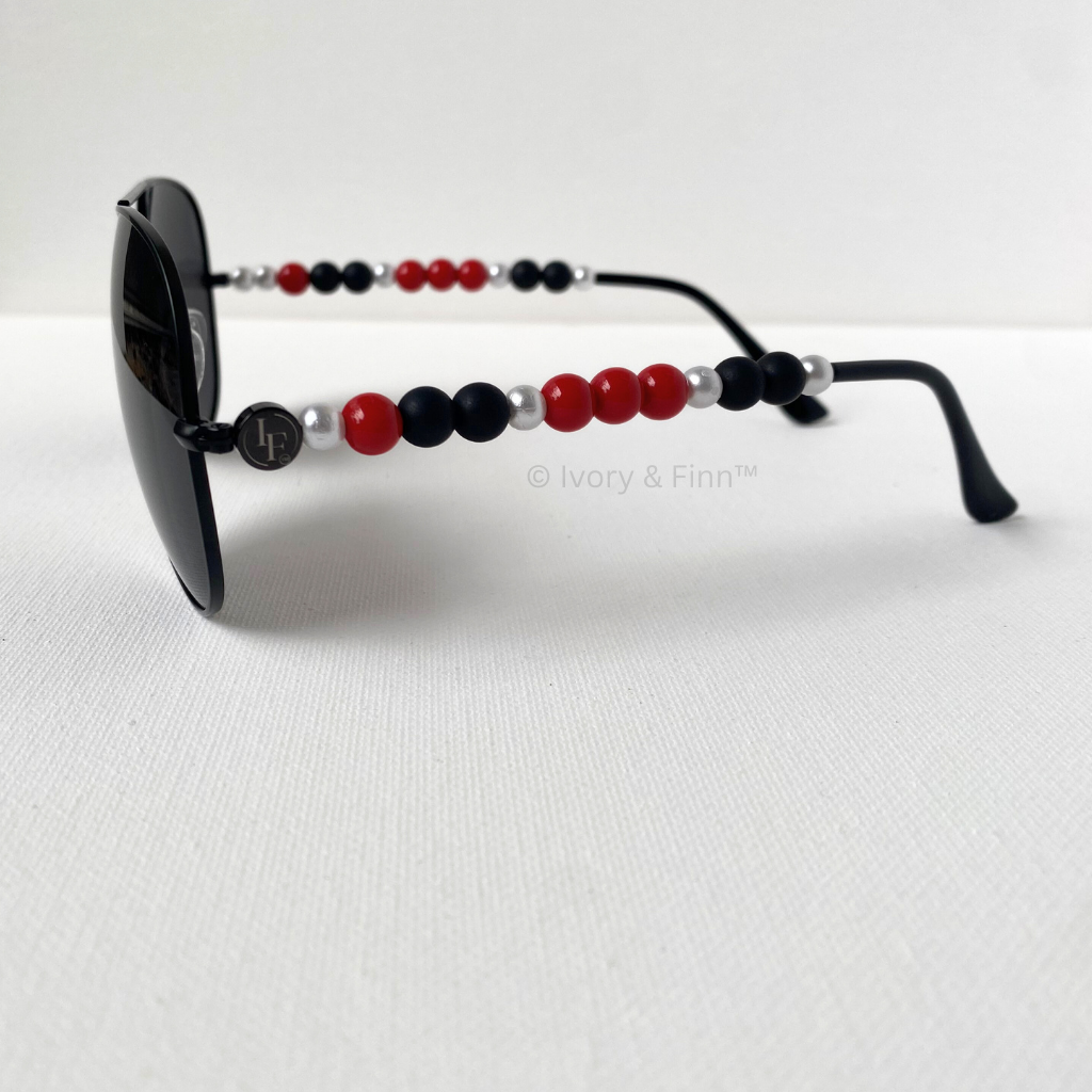 Red black and pearl beaded sunglasses with jewelry-inspired arm design by Ivory & Finn™ – Noir Ember style