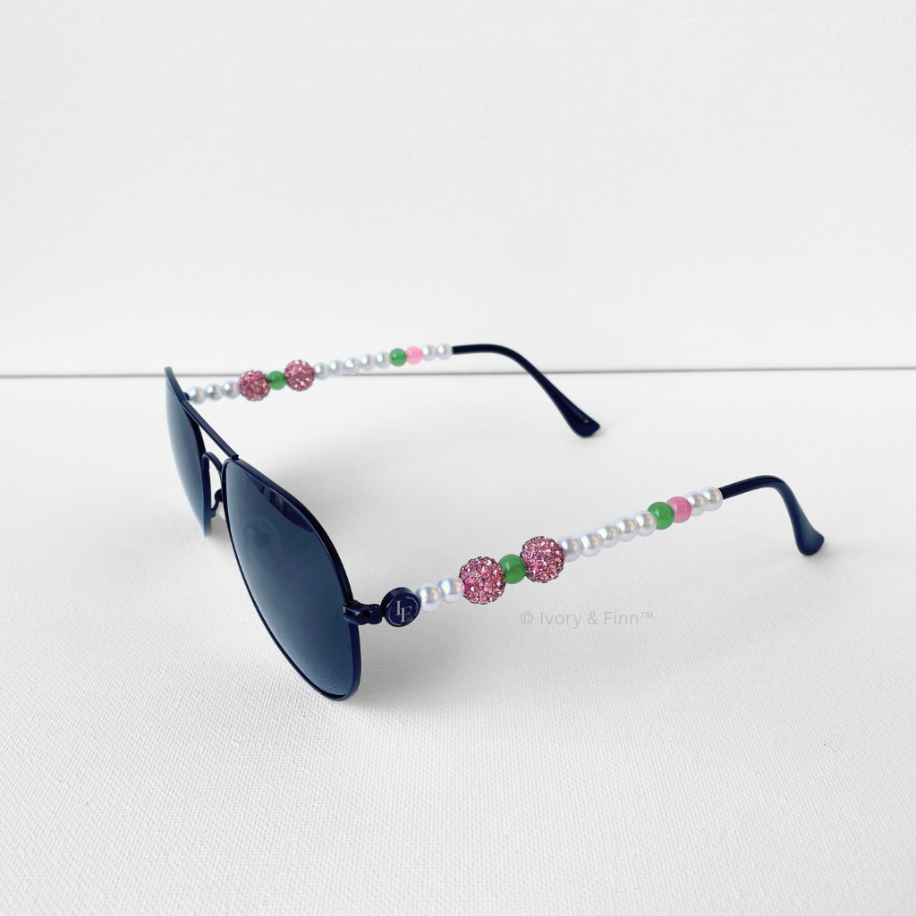 Pink, green, and pearl beaded aviator sunglasses with crystal accents by Ivory & Finn™ – Pretty Legacy style