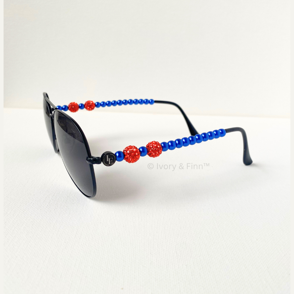Blue and Orange beaded aviator sunglasses with crystal accents by Ivory & Finn™ – Sera style