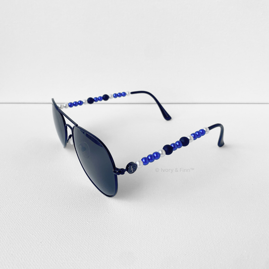 Blue, black, and pearl beaded aviator sunglasses with jewelry-inspired arms by Ivory & Finn™ – Aero style