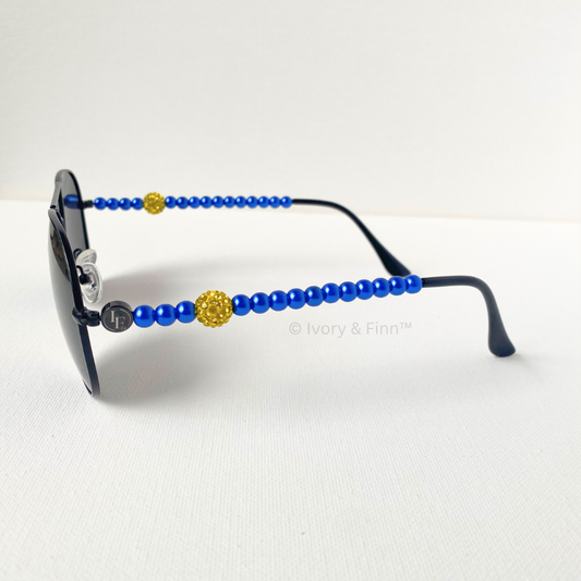 Minimal blue and gold beaded aviator sunglasses with crystal accents by Ivory & Finn™ – Arden style