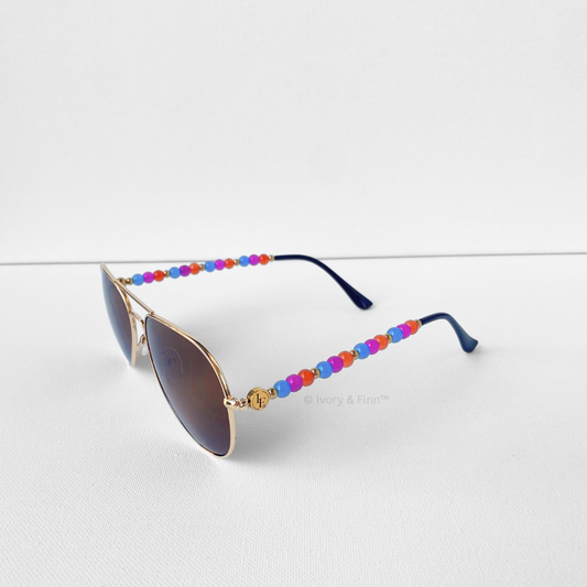 Multicolor beaded aviator sunglasses with vibrant candy-inspired beads by Ivory & Finn™ – Candy Girl style