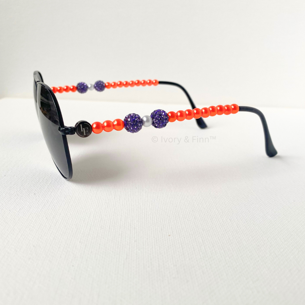 Orange and purple beaded aviator sunglasses with pearl accents by Ivory & Finn™ – Liora style