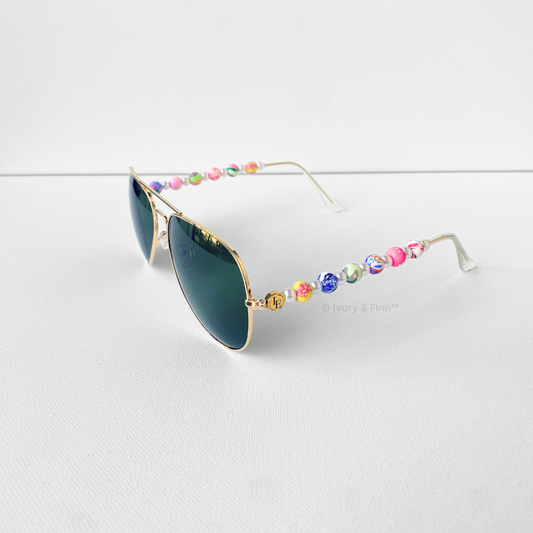 Multicolor marble beaded aviator sunglasses with pastel and jewel tone beads by Ivory & Finn™ – Marbella style