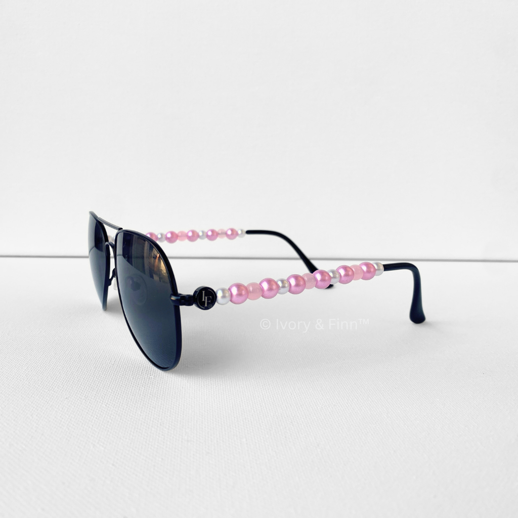 Pink pearl and white beaded aviator sunglasses for Breast Cancer Awareness by Ivory & Finn™ – Pink Ribbon Glow style