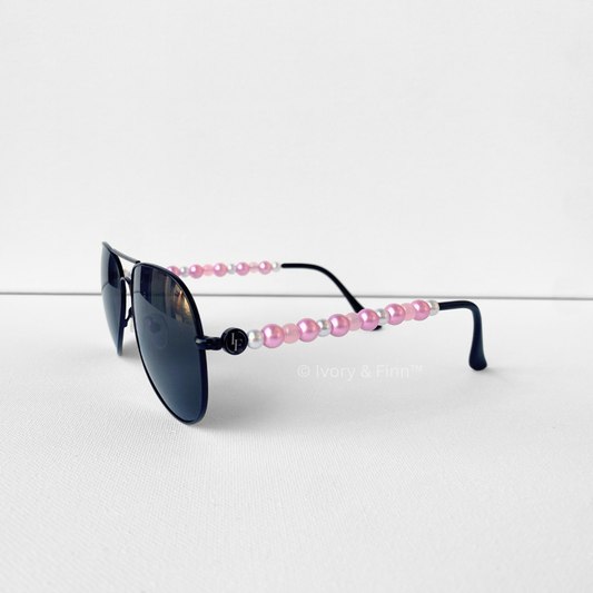 Pink pearl and white beaded aviator sunglasses for Breast Cancer Awareness by Ivory & Finn™ – Pink Ribbon Glow style