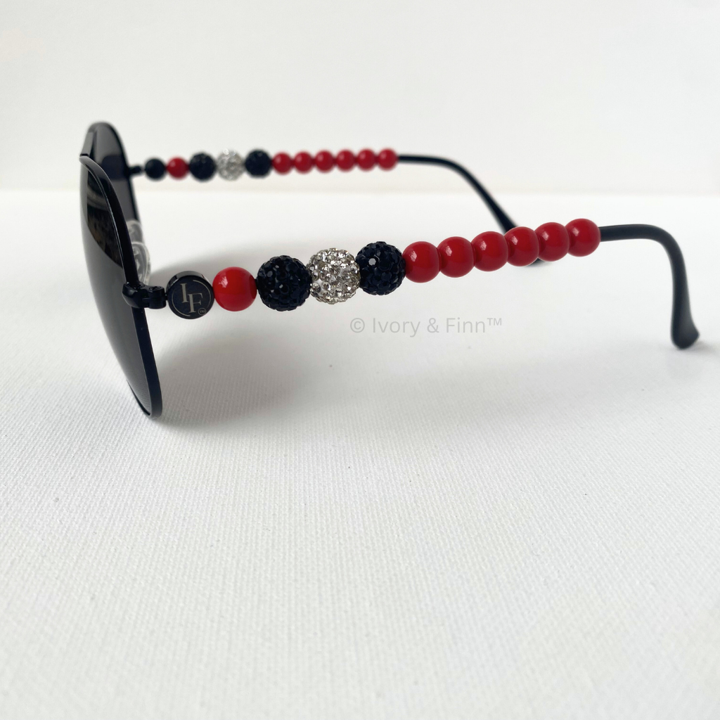 Red black and silver beaded sunglasses with crystal details by Ivory & Finn™ – Silver Blaze style